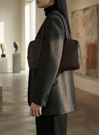 Minimalist Genuine Lambskin Tote Bag, Soft Leather 90s Bowling Purse, Top Handle Shoulder Handbag