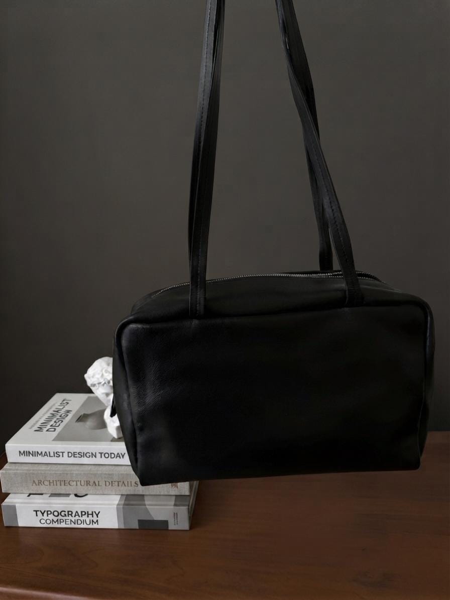 Minimalist Genuine Lambskin Tote Bag, Soft Leather 90s Bowling Purse, Top Handle Shoulder Handbag
